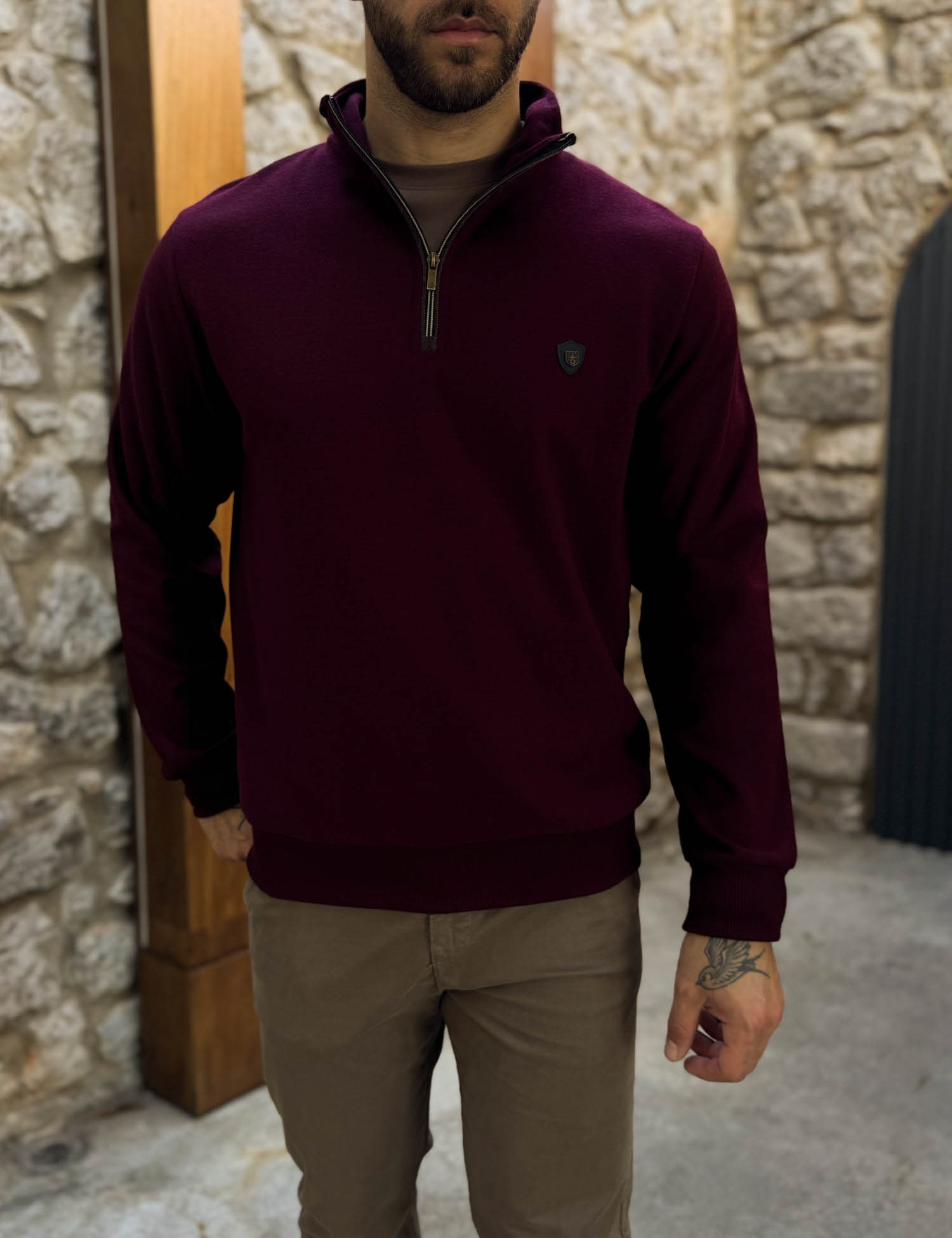 Everbest Ανδρική μπορντό ριπ με βελούδινη υφή μπλούζα με γιακά και φερμουάρ 261039B φωτογραφία